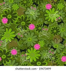 Girly Punk Skulls on Flower Camo background Seamless Repeat Pattern Vector Illustration
