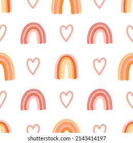 Girly rainbow and hearts vector seamless pattern. Girly cute background with boho style rainbow. Kids print for wrapping paper, fabric and textile.