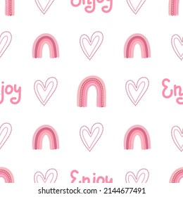 Girly rainbow vector seamless pattern with lettering. Girly cute background with boho style rainbow. Enjoy lettering phrase. Kids print for wrapping paper, fabric and textile.
