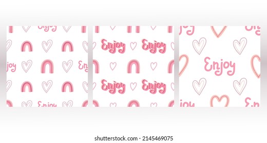 Girly rainbow vector seamless pattern with lettering collection. Girly cute background with boho style rainbow. Enjoy lettering phrase. Kids print for wrapping paper, fabric and textile.