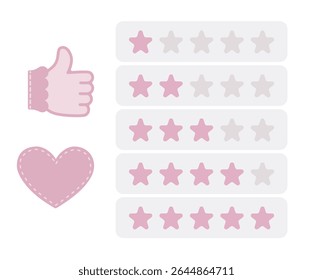 Girly rating vector. Cute 5-star review icons. Pastel feedback badges for websites and social media