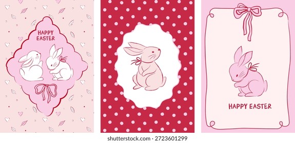 Anuncios de Vertical de Pascua retro femenino con conejos y flores de primavera rosadas. Diseño de Antiguas dibujado a mano con Elementos florales caprichosos de color rosa pastel. Perfecto para saludos de Pascua, tarjetas de vacaciones, arte de vivero