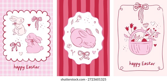 Anuncios de Vertical de Pascua retro femenino con conejos y flores de primavera rosadas. Diseño de Antiguas dibujado a mano con Elementos florales caprichosos de color rosa pastel. Perfecto para saludos de Pascua, tarjetas de vacaciones, arte de vivero