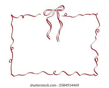 Girly Ribbon Bow frame of hand drawn line art style. Coquette cute birthday border for Valentine day cards, menu and Wedding invitations templates. Doodle flourish vector illustration