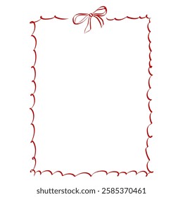 Girly Ribbon Bow frame of hand drawn line art style. Coquette cute birthday border for Valentine day cards, menu and Wedding invitations templates. Doodle vector illustration