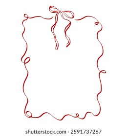 Girly Ribbon Bow frame of hand drawn line art style. Coquette cute birthday border for Valentine day cards, menu and Wedding invitations templates. Doodle retro vector illustration