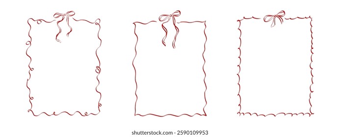Girly Ribbon Bow frames of hand drawn line art style. Coquette cute birthday borders for Valentine day cards, menu and Wedding invitations templates. Set of Doodle outline vector illustration