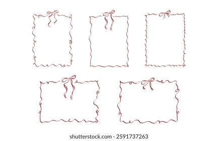 Girly Ribbon Bow frames of hand drawn line art style. Coquette cute birthday borders for Valentine day cards, menu and Wedding invitations templates. Set of Doodle vector illustration