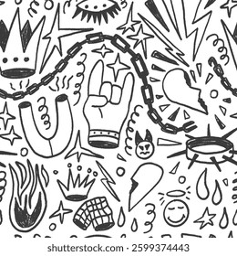 Girly rock and roll crayon seamless pattern. Graffiti doodle marker endless background. Naive hors, fire, crown repeat cover. Crayon continuous monochrome chain, magnet. Vector hand drawn illustration