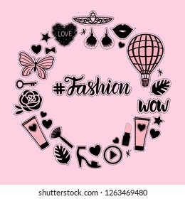 Girly Round frame fashion style. Set sign beauty makeup for cute girls. Abstract cosmetic bottles, powder, brush, lipstick, patch hand drawing. Vector illustration is isolated on a pink background.