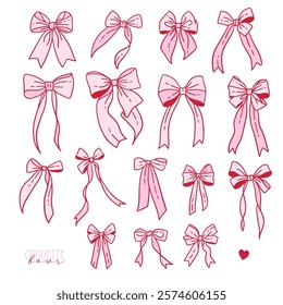 Girly satin Bows tied with silk ribbons set. Festive set of tapes. Holiday decorations for clothing. Isolated cliparts for card, coquette gifts, girls decor, Valentines. Vector contour illustration.