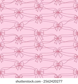 Girly seamless checkered pattern with coquette bows and ribbons. Composition with vintage bowknots and silk ribbons. Pink linear Vector illustration.