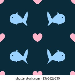 Girly seamless pattern with abstract fish and hearts. Simple cute print. Vector illustration.