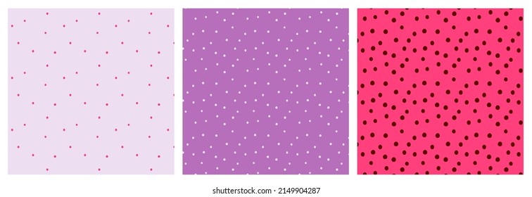 Girly seamless pattern with chaotic tiny dots on colorful pink and purple backgrounds.