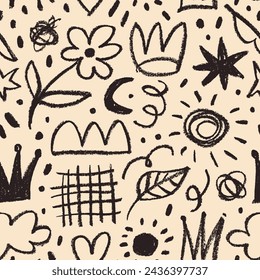 Girly seamless pattern with charcoal drawn elements like heart, flower, crown, stars and doodle shapes. Childish style background with pencil doodles and crayon drawings. Freehand scribbles.