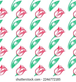 Girly seamless pattern. Children's drawings with wax crayons. Flower mood, tulips. Print for cloth design, textile, fabric, wallpaper