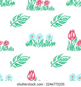 Girly seamless pattern. Children's drawings with wax crayons. Flower mood, tulips. Print for cloth design