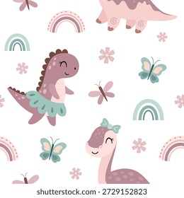 Patrón femenino sin fisuras con coquetas dinosaurios, mariposas, flores y arco iris. Fondo lindo del verano de los niños, Ilustración vectorial de carácter jurásico.