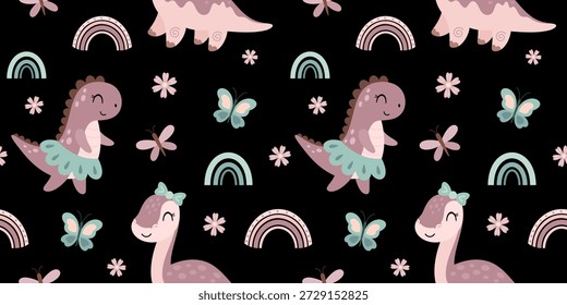 Patrón femenino sin fisuras con coquetas dinosaurios, mariposas, flores y arco iris. Fondo lindo del verano de los niños, Ilustración vectorial de carácter jurásico.