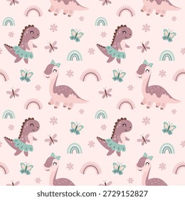 Padrão sem costura feminino com dinossauros coquete, borboletas, flores e arco-íris. Fundo de verão de crianças bonitas, ilustração vetorial de personagem jurássico.