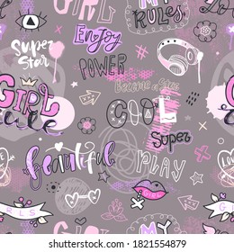 Girly seamless pattern with doodles, lettering, hearts, headphones, ink textures on a gray background. Abstract background for design. Hand drawing, splashes. Text: super star, my rules.