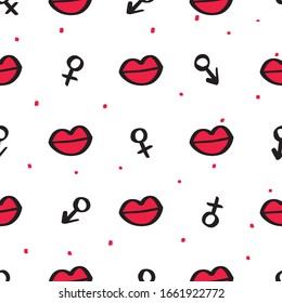 Girly seamless pattern with Fashion elements: lips, man and woman sign and dots. Vector trendy illustration for notebook, textile, wallpaper, tshirt in doodle cartoon style.