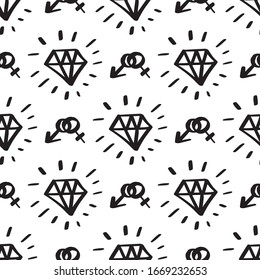 Girly seamless pattern with Fashion elements: shining diamond,  man and woman sign. Vector trendy illustration for notebook, textile, wallpaper, tshirt in doodle cartoon style.