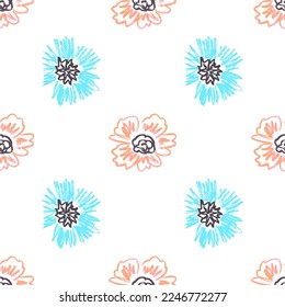 Girly seamless pattern. Flower mood, flowers. Children's drawings with wax crayons. Print for cloth design