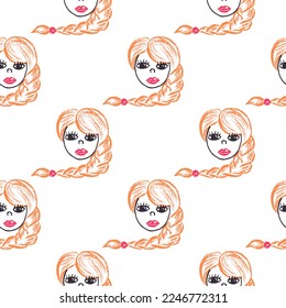 Girly seamless pattern. Girl, princess. Children's drawings with wax crayons. Print for cloth design, textile, fabric, wallpaper, wrapping