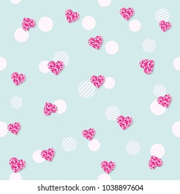 Girly seamless pattern with glitter confetti hearts on pastel blue. For birthday, fashion and wedding design. Vector EPS10.
