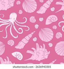 Padrão sem emenda das meninas com conchas desenhadas à mão e polvo na paleta rosa suave no estilo marinho feminino para a embalagem, têxteis, embalagem, marca de verão, etc.