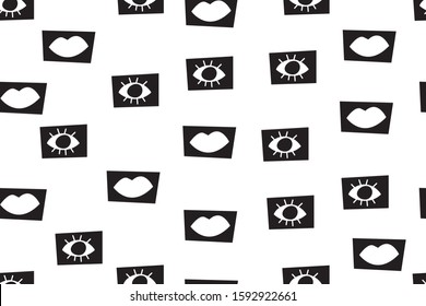 Girly seamless pattern with lips and eyes, fashion hipster black and white background. Vector illustration