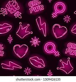 Girly seamless pattern with neon icons on dark background. Girl power or feminist concept. Vector 10 EPS illustration.