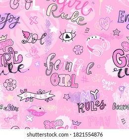 Girly seamless pattern. Pink background with lettering, doodles, abstract elements. Hand drawing, ink textures, splashes. Text: lol, beautiful girl, my rules.