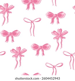 Girly seamless pattern with pink bow and ribbon in vintage style