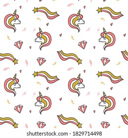 Patrón giratorio sin fisuras con unicornios, diamantes y estrellas de fondo blanco. Cuidados doodles de moda. Ilustración vectorial.