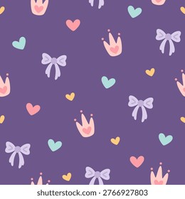 Girly seamless pattern witn coquette bows, crown and hearts, Valentine background, Romantic repeat backdrop, Vector illustration.