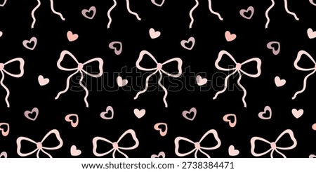 Girly seamless pattern witn pink coquette bows and hearts on black background, Romantic repeat backdrop, Vector illustration.