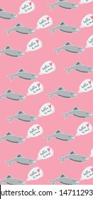 Girly shark fish pattern on pink background. Cute phone wallpaper, textile, giftwrap, kids clothes, notebook cover design. Hello friend saying. 