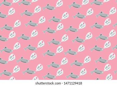 Girly shark fish pattern on pink background. Cute phone wallpaper, textile, giftwrap, kids clothes, notebook cover design. Hello friend saying. 