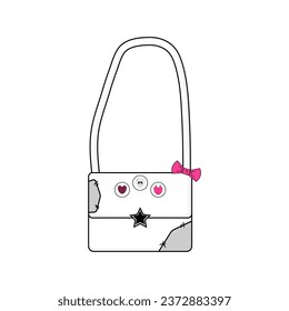 Girly shoulder bag with patches and badges. Gothic aesthetic in y2k, 90s, 00s and 2000s style. Emo Goth tattoo sticker black white pink colors. Vector illustration