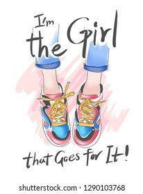 girly slogan with legs on sneakers illustration