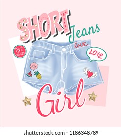 girly slogan with short jeans and cute icons 