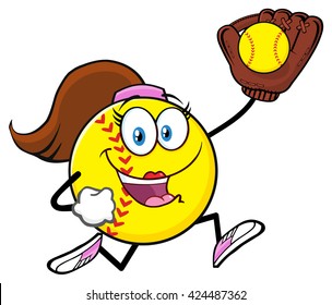 Girly Softball Cartoon Character Running With Glove And Ball. Vector Illustration Isolated On White Background