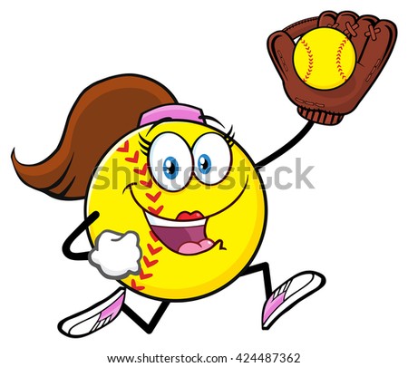 Girly Softball Cartoon Character Running With Glove And Ball. Vector Illustration Isolated On White Background