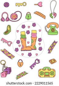 Girly stickers 90s set. Cute and groovy girly stickers set with rubber boots, keys, locks, tape recorder. Cartoon doodle vector illustration.