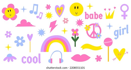 Girly Stickers 90s Set. Vector Set Of Pop Stickers Retro 2000 Vibe. Y2k Nostalgia Concept