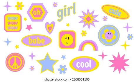 Girly stickers 90s set. Vector set of pop stickers retro 2000 vibe. Y2k nostalgia concept