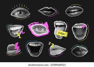 Las pegatinas de las hembras comprueban el conjunto con bocas de mujer, ojos, labios. Efecto medular del vector psicodélico pop con elementos de doodle ondulados en estilo 90. Recortar los stickers de la revista. Colectivo de arte loco Grunge punk