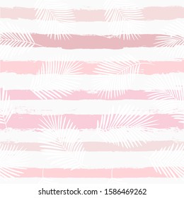 girly striped tropical pattern, palm leaves seamless vector floral background. Exotic plant on pink stripes. spring nature jungle print. Leaves of palm tree on paint lines. ink brush strokes.